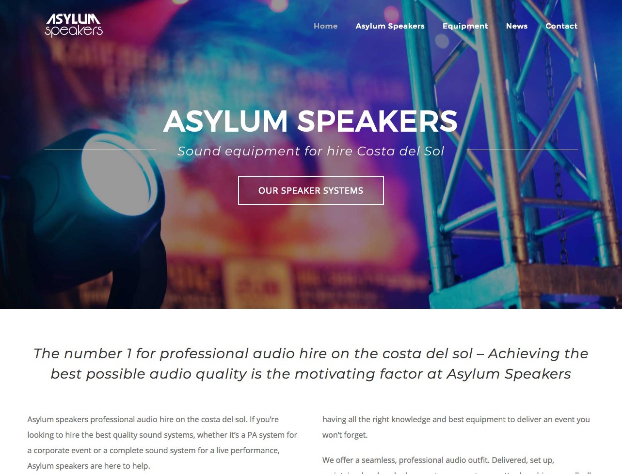Website design for sound system hire company in Marbella, multilingual website design mobile friendly functionality 