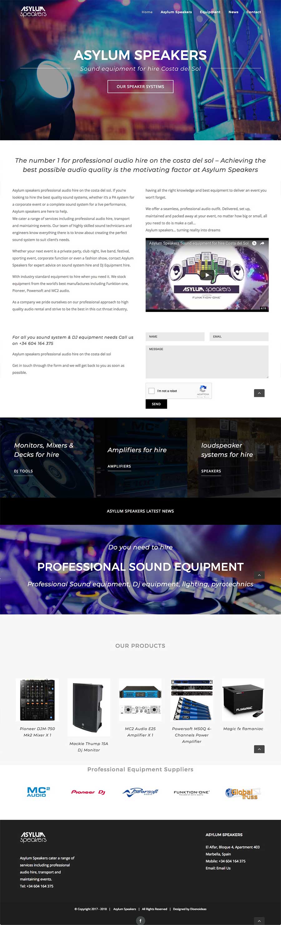 Website design for sound system hire company in Marbella, multilingual website design mobile friendly functionality 